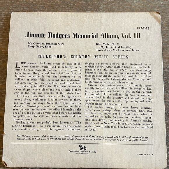 Jimmie Rodgers Yodeling Yours Vol 3 Memorial Albulm 45rpm vinyl Record - Picture 2 of 5